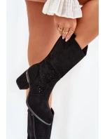 Ażurowe Kozaki Kowbojki Do Połowy Łydki S.Barski HY51-238 Czarne