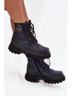 Skórzane Botki Damskie Na Platformie Z Napisami I Ozdobnym Detalem Artiker 57C2271 Granatowe