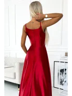 299-14 CHIARA elegantné dlhé saténové maxi šaty bez ramienok - ČERVENÉ 299-14 CHIARA elegantné dlhé saténové maxi šaty bez ramienok - ČERVENÉ