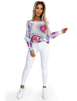 Nadrozmerný sveter s ružovými a modrými srdiečkami Numoco - biely