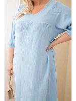 Dámske Plus veľkosť bavlnený mušelín V-neck šaty modrá