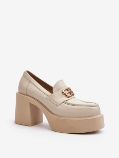 Zazoo 20170 Półbuty Skórzane Damskie Na Słupku Jasnobeżowe