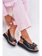 Skórzane Sandały Damskie Na Koturnie Z Kokardą Zazoo 1882 Czarne