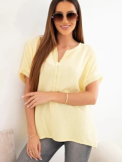 Dámska bavlnená mušelínová blúzka oversize s výstrihom do V a čipkou žltá