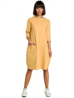 B083 Oversized šaty s predným vreckom - žlté