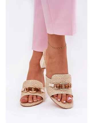 Klapki Damskie Na Obcasie Z Ozdobą Beżowe Ovittole