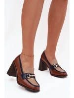 Półbuty Damskie Na Słupku Z Tłoczeniem I Złotym Detalem Beżowo-Brązowe Novella