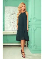 ALIZEE - Dámske šifónové šaty vo fľaškovo zelenej farbe so zaväzovaním 350-4