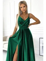 512-1 JULIET elegantné dlhé saténové šaty s výstrihom - BOTTLE GREEN