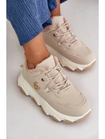 Ocieplane Buty Sportowe Damskie Sznurowane Na Platformie Beżowe Bialoa