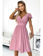 MATILDE - Dámske šaty v púdrovo ružovej farbe s brokátom, výstrihom a krátkymi rukávmi 425-2