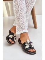 Klapki Z Ozdobą Skóra Naturalna Zazoo 3574/Z Czarne