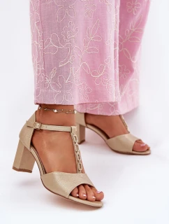 Sandały Damskie Na Słupku Z Ozdobnym Paskiem Eko Skóra Złote Triavera