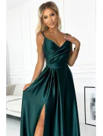 299-9 CHIARA elegantné maxi dlhé saténové šaty bez ramienok - BOTTLE GREEN