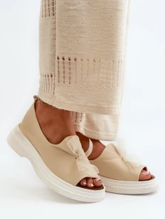 Zazoo 2939 Skórzane Sandały Damskie Z Kokardką Jasnobeżowe