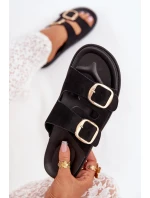 Klapki Damskie Na Platformie Ze Złotymi Klamrami Czarne Verena