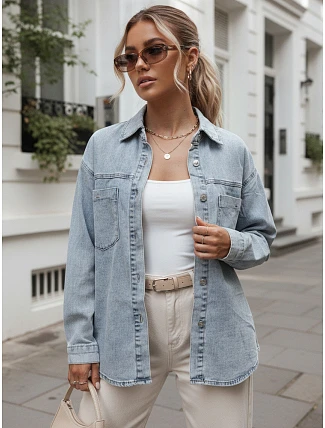 Dámska džínsová košeľa s vreckami, svetlo modrá, FashionStreet DY0492 Dámska džínsová košeľa s vreckami, svetlo modrá, FashionStreet DY0492