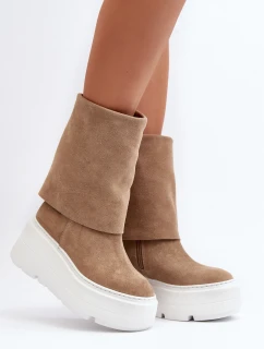 Zazoo 3410 Zamszowe Damskie Botki Na Masywnej Platformie Beżowe