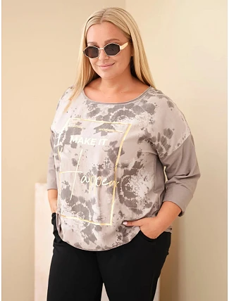 Dámska bavlnená blúzka Plus Size s potlačou a výstrihom do U, farba fango Dámska bavlnená blúzka Plus Size s potlačou a výstrihom do U, farba fango