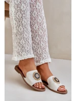 Skórzane Klapki Z Ozdobą Na Płaskim Obcasie Lewski 3047/O Złoty Przecierany