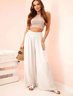 Dámske široké viskózové nohavice s elastickým pásom béžovej farby