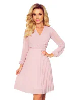 313-4 ISABELLE Plisované šaty s hlbokým výstrihom a dlhými rukávmi - Powder Pink