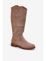 Kozaki Na Płaskim Obcasie Z Ażurowym Wzorem S.Barski HY51-062 Beżowe