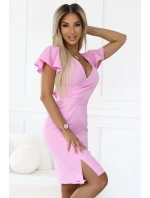 479-10 NINA elegantné šaty s obálkovým výstrihom, rukávmi a opaskom - Candy Pink