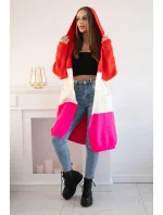 Pruhovaný sveter s kapucňou červený+ružový+ružový neón