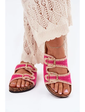 Szydełkowe Klapki Damskie Ze Złotymi Klamrami Fuksja Fenira