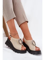 Skórzane Sandały Damskie Na Koturnie Z Ozdobą Artiker 56C0111 Beżowe