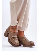 Skórzane Półbuty Na Słupku Z Ozdobą Ciemnobeżowe Lemar Gelanor