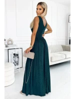 467-1 LOUISE dlhé brokátové šaty s výstrihom a rozparkom na nohách - BUTTER GREEN
