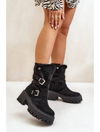 Botki Damskie Na Masywnym Obcasie Z Klamrami I Paskiem Czarne Nerelisa