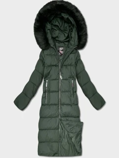Dámska dlhá zimná bunda s kapucňou fľaškovo zelená (7688)