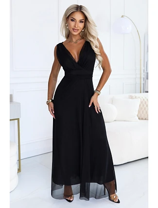 687-1 Elegantné maxi šaty s výstrihom do V a odhalenými chrbtom – čierne