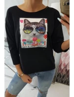 Blúzka s 3D grafikou mačky čierna
