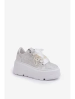 Skórzane Sneakersy Na Platformie CheBello 4658 Srebrne