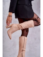 Klasyczne Zamszowe Kozaki Na Obcasie Ciemnobeżowe Tressa