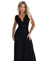687-1 Elegantné maxi šaty s výstrihom do V a odhalenými chrbtom – čierne