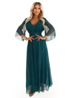 654-1 Dlhé lesklé plus size šaty s výstrihom a priehľadnými rukávmi - fľaškovo zelené 654-1 Dlhé lesklé plus size šaty s výstrihom a priehľadnými rukávmi - fľaškovo zelené