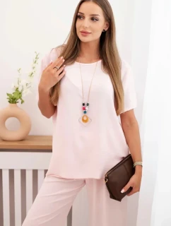 Dámska súprava s voľnou blúzkou a širokými nohavicami púdrovo ružová
