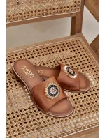 Skórzane Klapki Z Ozdobą Na Płaskim Obcasie Lewski 3047/O Camel