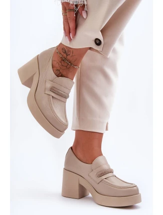Skórzane Półbuty Na Słupku Z Ozdobą Beżowe Lemar Gelanor