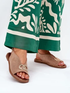 Sandały Damskie Z Ozdobą Na Płaskim Obcasie Eko Zamszowe Ciemnobeżowe Ralisses