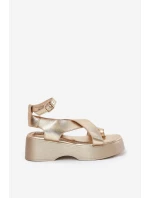 Sandały Damskie Na Platformie I Koturnie Eko Skórzane Złote Tenzorus