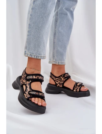Eko Skórzane Lekkie Sandały Na Platformie Panterka Brązowe Deniffia
