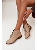 Zazoo 2964 Skórzane Botki Na Płaskim Obcasie Beżowe