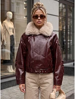 Dámska zimná bunda z ekokože s kožušinovým lemom, vínová, FashionStreet TY5707 Dámska zimná bunda z ekokože s kožušinovým lemom, vínová, FashionStreet TY5707