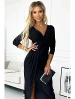 404-6 Dlhé trblietavé šaty s výstrihom a rozparkom na nohách - ČIERNE s trblietkami 404-6 Dlhé trblietavé šaty s výstrihom a rozparkom na nohách - ČIERNE s trblietkami